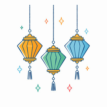 Three hanging lanterns with tassels and stars