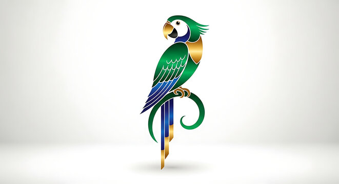 Green and gold parrot on decorative branch isolated on a transparent background