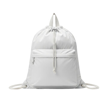 Plain white drawstring backpack made of lightweight fabric with adjustable shoulder straps for sports gym travel and casual daily usage isolated on a transparent background