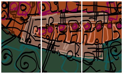 Obraz premium Modern interior triptych. The picture is painted by hand on a tablet.