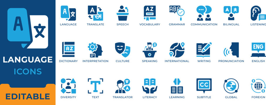Language and translation icon set. Bilingual education, foreign vocabulary, grammar learning, interpretation, dictionary, speech and global communication vector symbols.