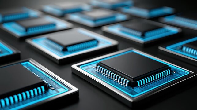 Multiple blank computer processors on matte black circuit board with blue highlights