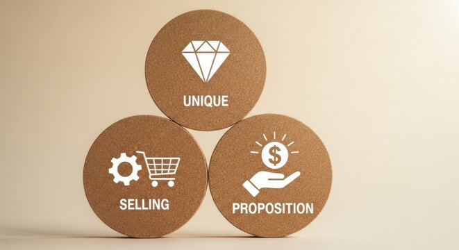 Unique Selling Proposition concept on cork circles, USP business strategy icons, marketing and sales value proposition on neutral background