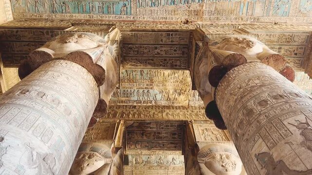 Beautiful vaults and bas-reliefs in the ancient temple complex of Dendera, Qena, Egypt.