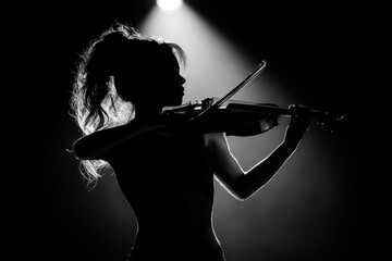 Fototapeta premium Silhouette of a woman playing the violin under a spotlight with dramatic backlighting, creating a moody atmosphere.