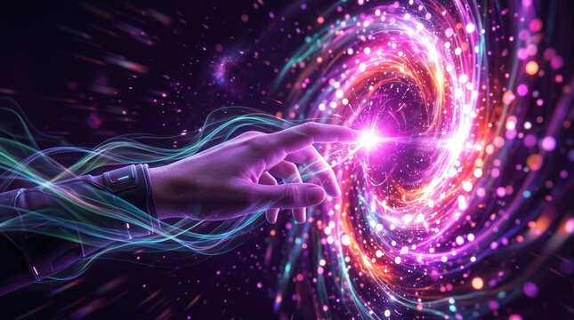 Futuristic hand touching a glowing cosmic portal in deep space