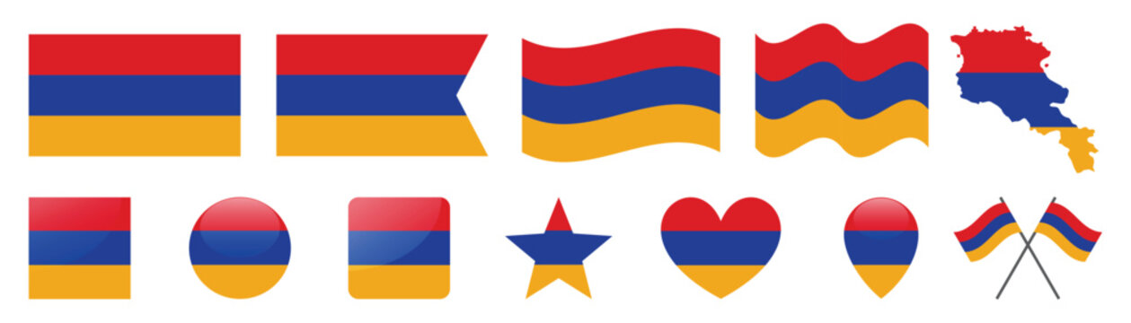 Armenia flag graphic icons collection with waving and map shapes.