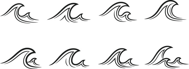 Fototapeta premium Ocean Wave Icon Set Abstract Sea Surf Water Line Vector Collection