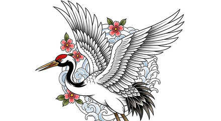 Naklejka premium Tattoo-style of a flying japanese red-crowned crane with cherry blossoms and waves isolated on a transparent background