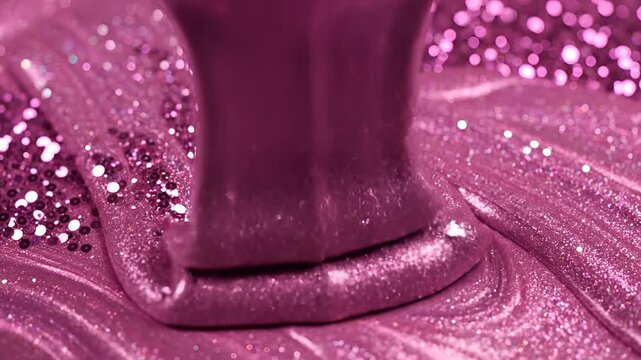 Closeup of Pink Glitter Slime Pouring and Swirling with Sparkles.