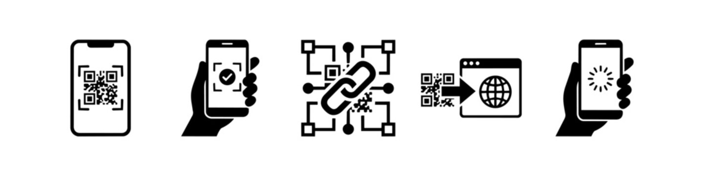 Set of black and white icons illustrating the QR code scanning process on a smartphone, from scanning and linking to web redirection and loading content.