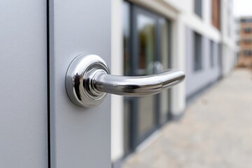 Naklejka premium Close-up of a modern brushed metal door handle on a grey door, with a blurred building background.
