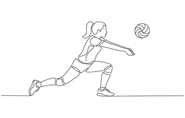 Fototapeta premium One continuous line drawing of young female professional volleyball player in action on court.