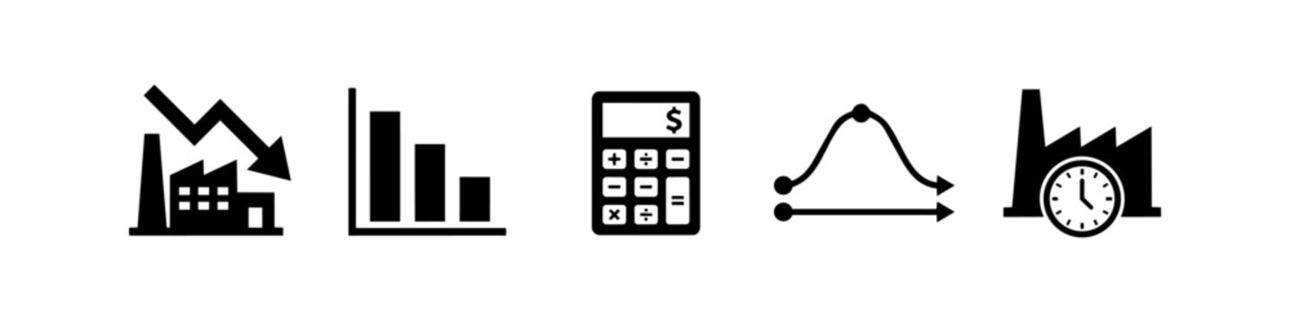 A set of black icons representing industrial and economic concepts: factory recession, declining bar charts, financial calculator, bell curve statistics, and production time management.