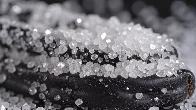 Closeup of sparkling salt crystals being sprinkled on a dark surface.