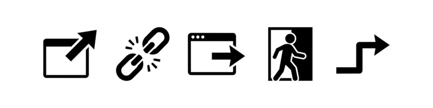 Set of five minimalist black icons on a white background representing web navigation, external link, broken link, export, exit, and redirect symbols for UI and UX design.