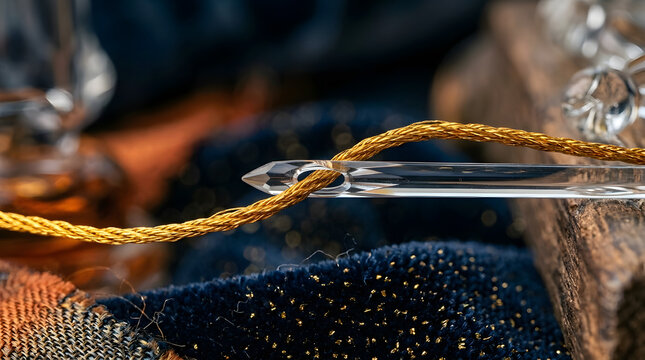 Crystal needle threaded with golden braided cord on dark fabric
