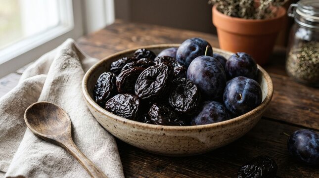 Still life of prunes in a bowl on a wooden table indoors perfect for National Prune Day