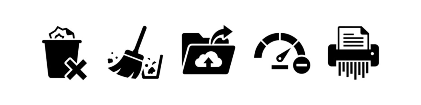 Collection of black vector icons for data management and computer maintenance, featuring trash removal, cleaning, cloud storage, speed optimization, and document shredding symbols.