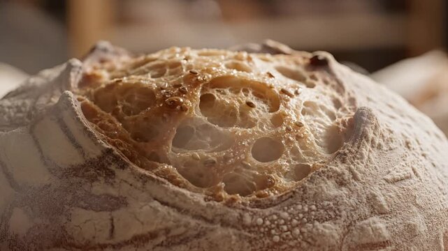 Closeup of Steaming Sourdough Bread Crust with Cracks.