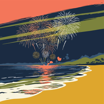 Fireworks Display Over Tropical Beach Sunset.