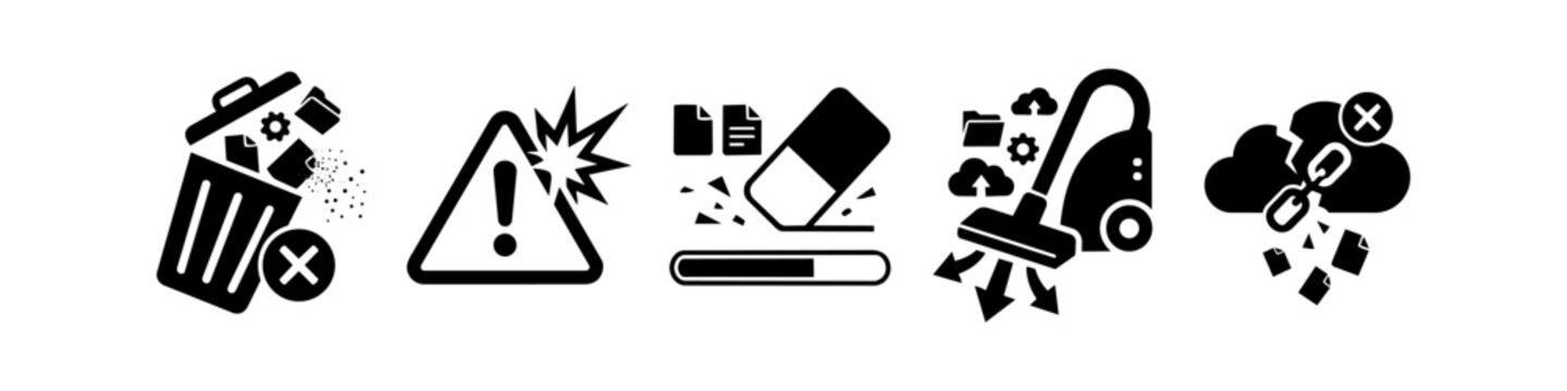 Set of five black vector icons representing data management, file deletion, system maintenance, error alerts, and cloud connectivity issues on a white background.