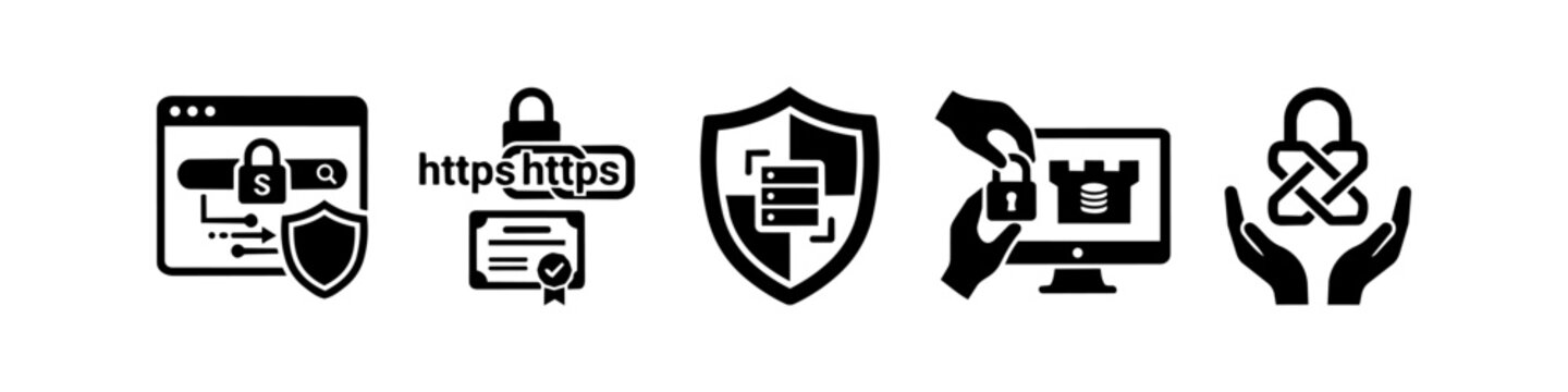 Set of cyber security icons including web browser protection, SSL certificate, server firewall, database security, and hands holding a secure lock symbol in black and white.