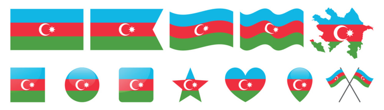 Azerbaijan flag set with various shapes including map and icons.
