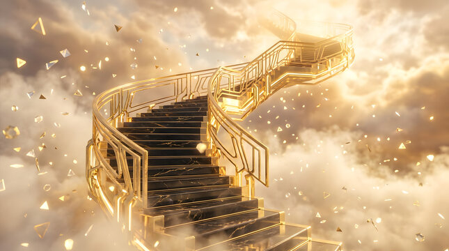 Golden staircase spiraling upward through clouds with confetti