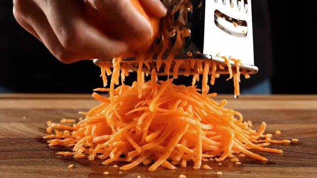 Hand grating fresh carrot into vibrant orange shreds on wooden board. Perfect for cooking tutorials, meal prep visuals, healthy eating content