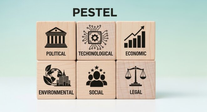 PESTEL analysis business framework on wooden blocks, strategic management concept with political economic social technological environmental and legal icons