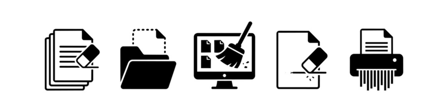 Set of minimalist black and white icons representing document deletion, data cleaning, file erasing, and paper shredding for digital and physical workspace management.
