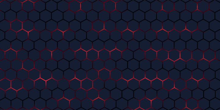 Dark gray and red horizontal hexagonal technology abstract vector background. Red bright energy flashes under the hexagon in a wide banner of futuristic modern technology. vector