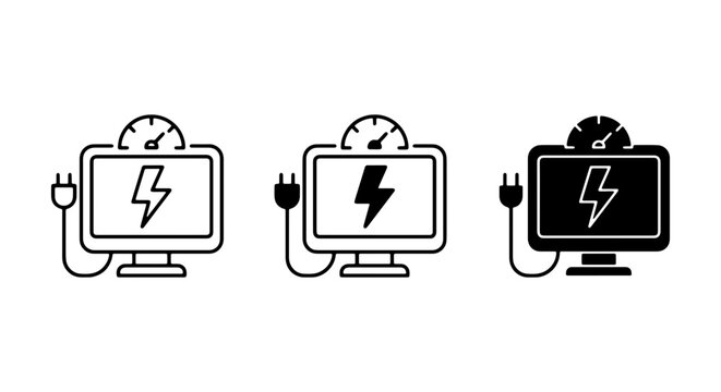 Computer Power Meter Icons, Energy Monitor Set, Digital Performance Gauge Vector Graphics