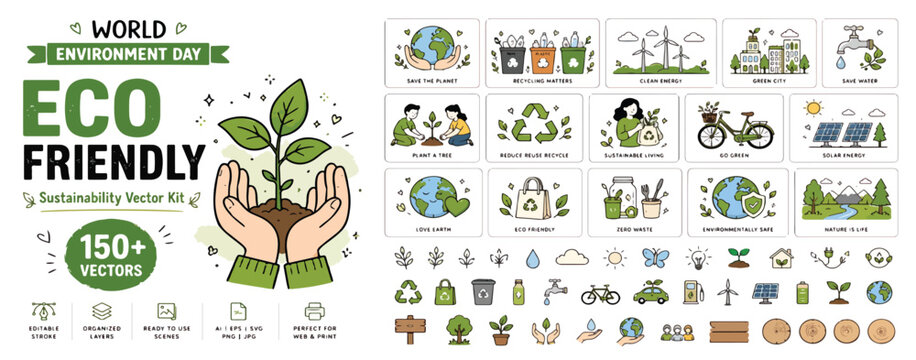 Eco friendly icons, sustainable living symbols, green environment illustrations, 150 plus elements