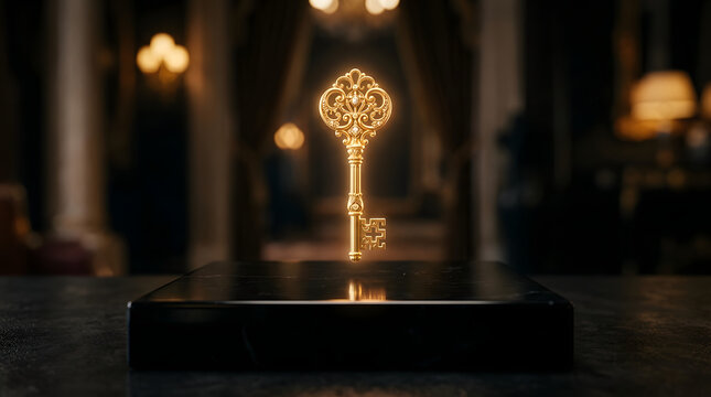 Ornate golden key floating above black pedestal in dark interior