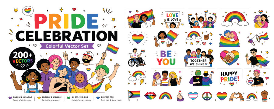 LGBTQ Pride Celebration Stickers, Rainbow Icons, LGBTQ+ Symbols, 200+ Vector Graphics