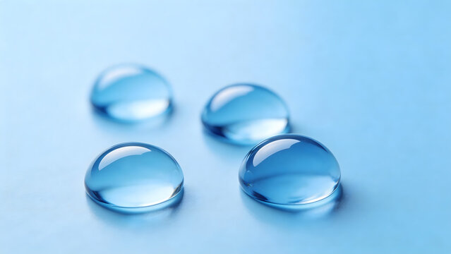 Four water droplets on blue surface