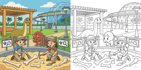  children visiting dinosaur world theme park cartoon clipart and lineart print vector illustration for color coloring book © Avijit