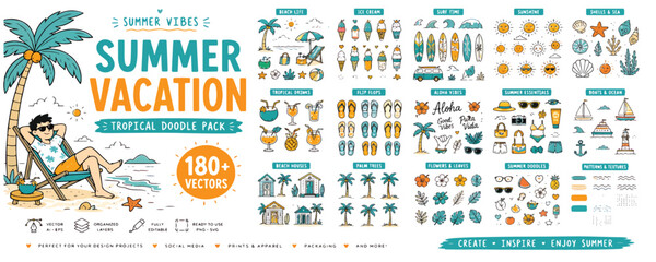 Summer vacation stickers, colorful icons, travel illustrations, eps graphics, 180 plus elements