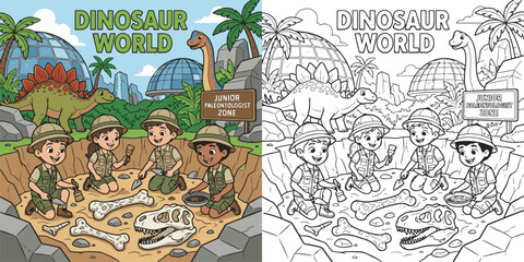  children visiting dinosaur world theme park cartoon clipart and lineart print vector illustration for color coloring book © Avijit