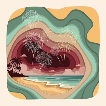 Fireworks on a tropical beach scene.