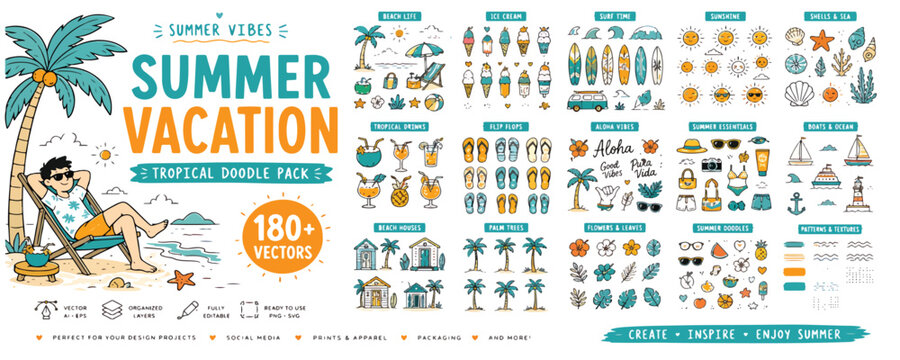 Summer vacation stickers, colorful icons, travel illustrations, eps graphics, 180 plus elements