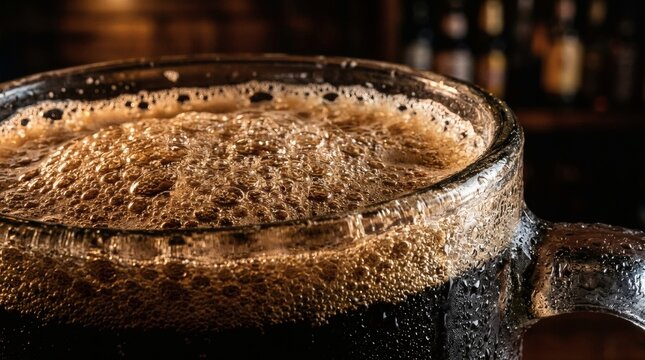 Close-up of frothy root beer in a glass mug perfect for National Stewart&rsquo;s Root Beer Day