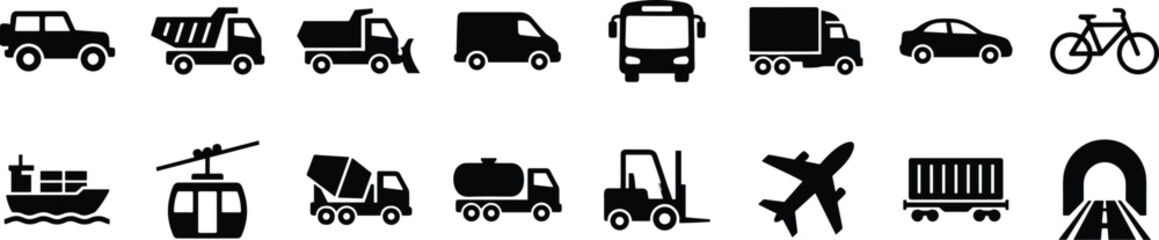 Transportation and Logistics Black Silhouette Icon Set Featuring Vehicles for Delivery Travel Shipping and Public Transport © MdSaddam