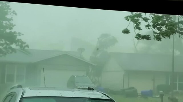 Hurricane-force winds lashing houses, trees, and cars with extreme violence in a neighborhood.