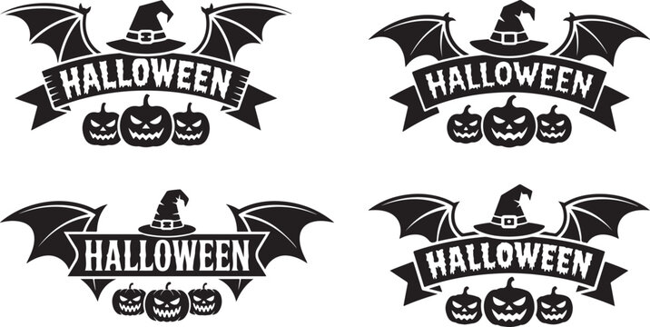 Four detailed badges featuring gothic bats and witch hats for seasonal horror celebrations and parties