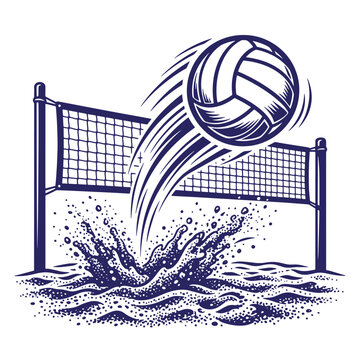 Beach volleyball game action with ball flying over net into sand volleyball competition tournament recreation activity athletic equipment monochrome isolated