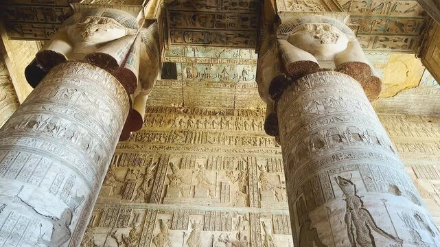 Beautiful vaults and bas-reliefs in the ancient temple complex of Dendera, Qena, Egypt.