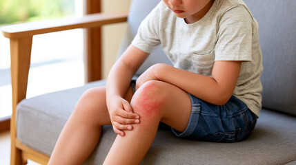 Fototapeta premium Close-up of Child Scratching Mosquito Bite Allergy Swelling on Leg Indoors
